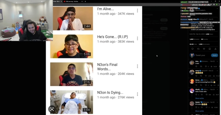 ©youtube.com/@AdinCL | Adin Ross watches the videos of N3on's fake death - his most notorious shenanigan - to much amusement. 