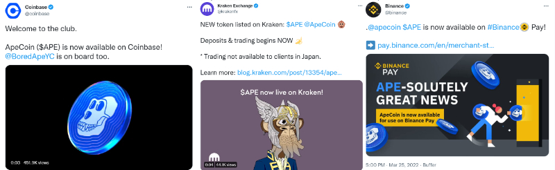 You can buy Ape tokens on Coinbase, Binance and Kraken, for example ©twitter.com/apecoin