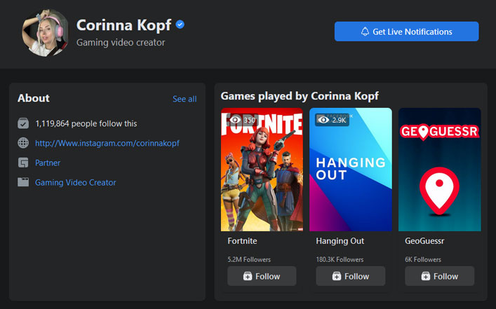 ©facebook.com/gaming/corinnakopff | Corinna Kopf's Facebook Gaming page is still online. However, there is no fresh content.