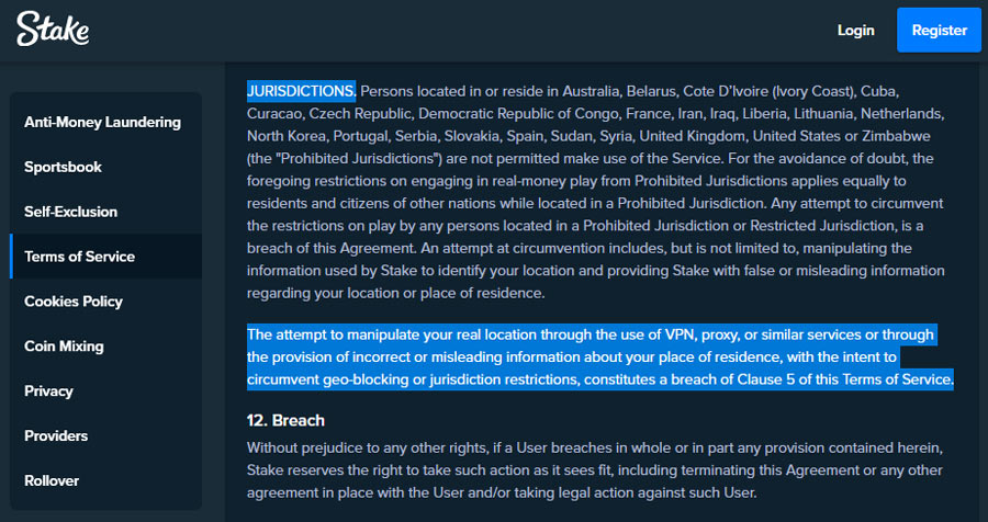 Stake's statement regarding jurisdictions and the use of VPN services.