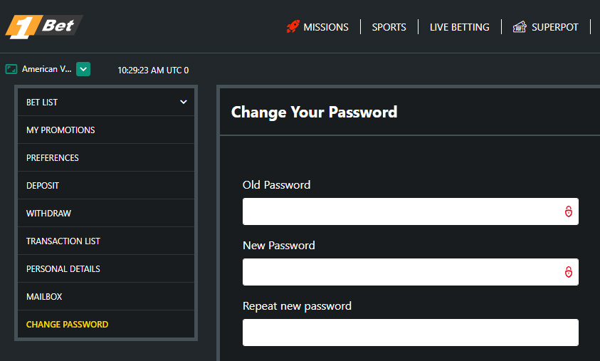 Available options in the 1Bet casino account - no tools for self limiting or account security.