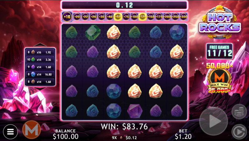 Hot Rocks in free spins mode with a cluster of 9 symbols