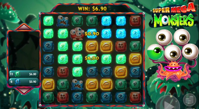 The Super Mega Monsters slot pays for clusters of 5 or more matching symbols.