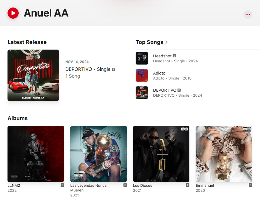 ©music.apple.com | Apple Music is another great venue for listening to Anuel AA's Latin trap mixed with reggaeton original style.