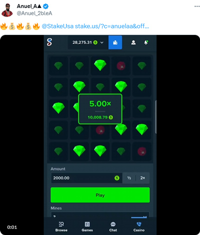 From Anuel AA's content on Twitter it becomes clear he's a fan of Mines and other Stake original crypto games.