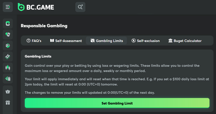 Responsible gambling tools at BC.Game: Limits, self-exclusion and even a budget calculator.