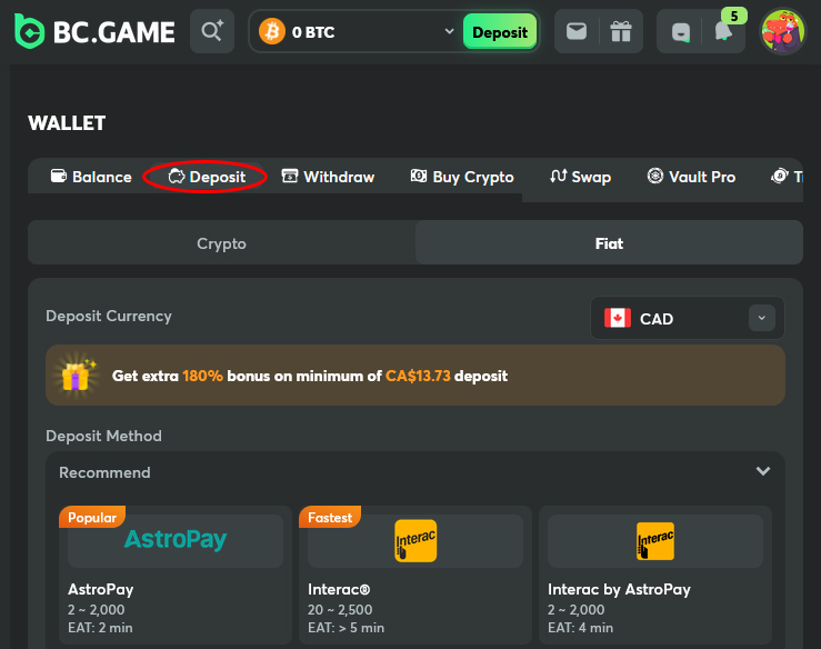BC Game Deposit Fiat