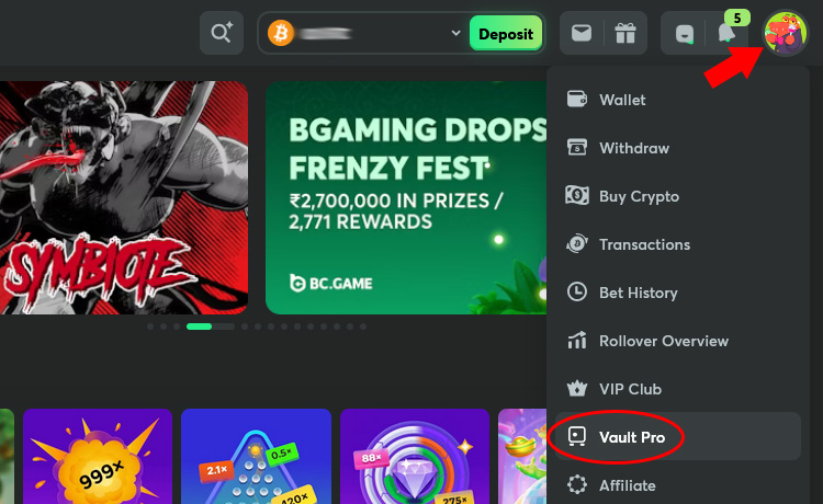 To access the vault click on your user account icon and selct "Vault pro" from the dropdown list.