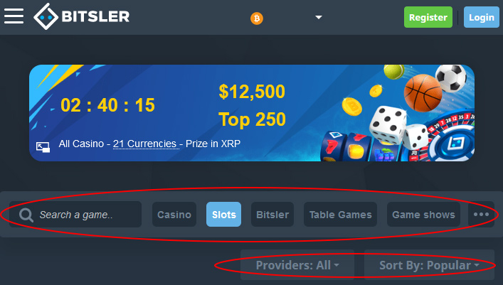 bitsler-casino-website-navigation-search-bar-filters