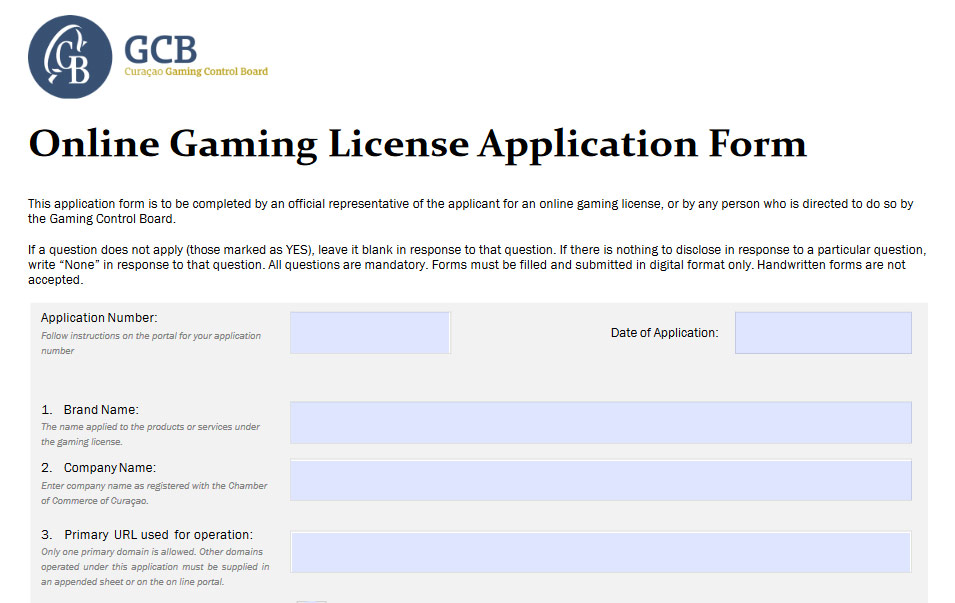 Example of a gaming license application form.