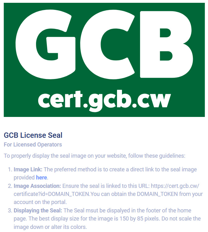 Guidelines for casino operators on how to properly display the license seal.