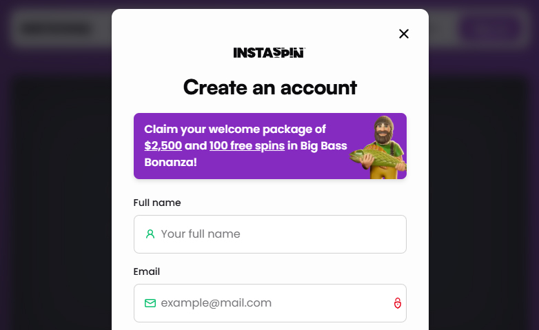 Registration form at Instaspin