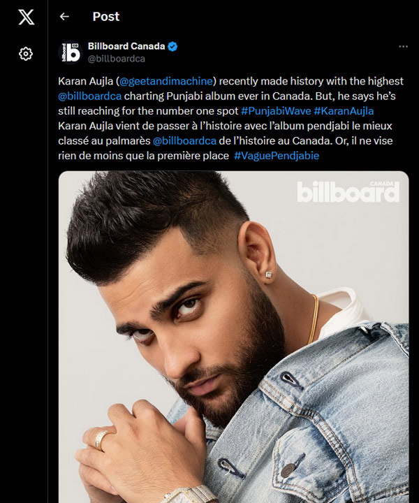 Karan was proud to share his historic accomplishment of reaching the highest Billboard Canada charting of a Punjabi album on Twitter.