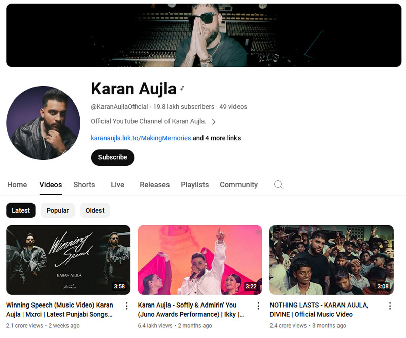 Karan Aujla's YouTube channel is all about his music. It's the place to go to listen to his latest hits and get a taste of his live performances.