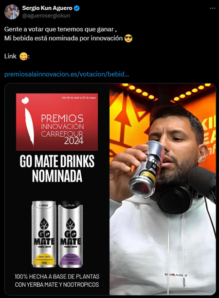 Agüero has built a number of businesses, including a line of performance drinks called Go Mate, which he sometimes promotes on Twitter.