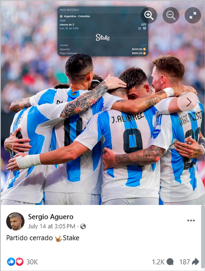 A July 2024 Facebook post shows the results of Kun's bet on the Argentina - Colombia game.