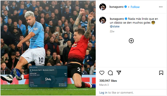 Instagram is the ideal channel for following Sergio Agüero's tips for football match bets.