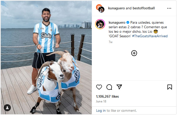 In June 2024, Kun pulled off quite a Stake branded stunt, when he waited with goats to welcome none other than the true GOAT himself Messi, and his teammates.