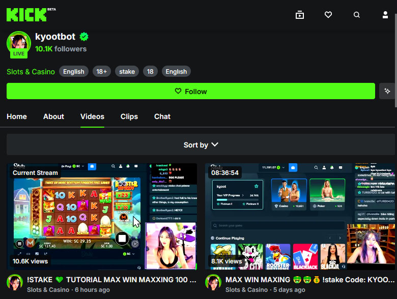 Catch kyootbot streaming live from Stake almost every day on the Kick platform.
