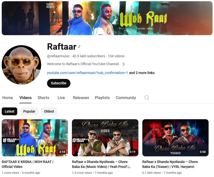 Raftaar's YouTube channel mainly focuses on his music, making it a great place to catch all his releases.