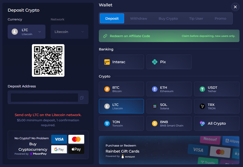 This is how the wallet interface looks at Rainbet casino.