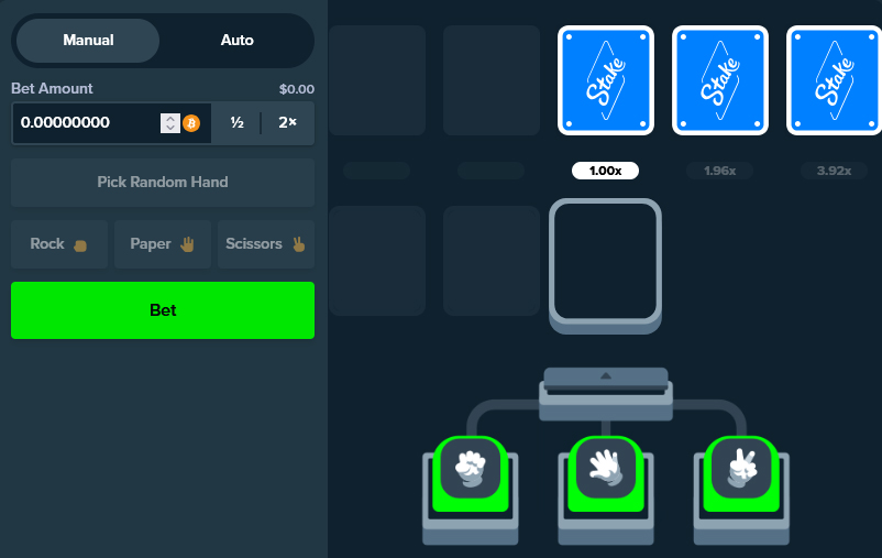 Place your bet in the field labelled 'Bet Amount', choose your symbol, then click 'Bet' to actually play. Select your symbol either from the 'Manual' tab or at the bottom of the playing board.