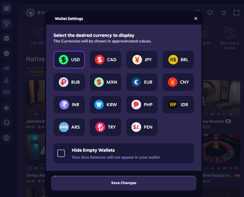 Currency settings at Roobet