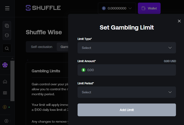 At no limit casinos like Shuffle you can set your own limits to stay in control.
