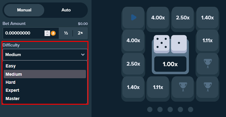 Stake casino lets you choose your level of risk, by setting what's essentially the game's volatility from a dropdown list.