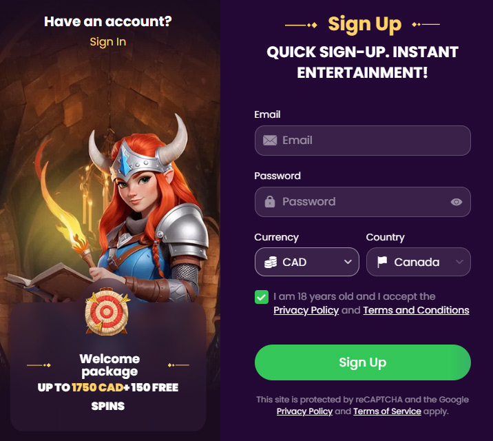Sign-up form at Spinando