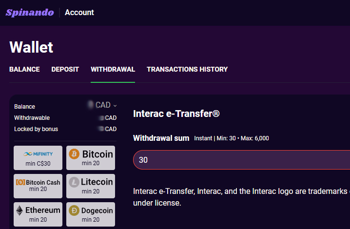 Cashout from your Spinando account, in just a couple of easy steps.
