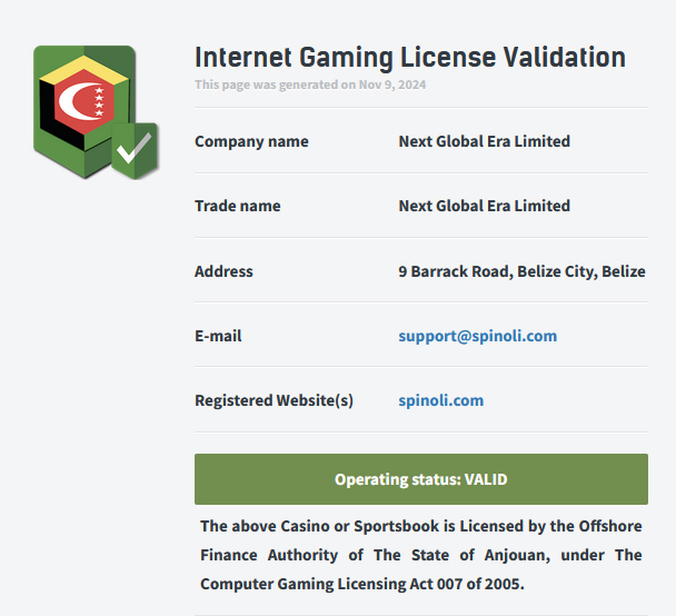 Validation of the Spinoli Casino license 