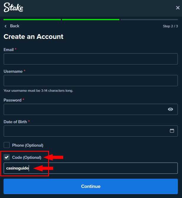To get the exclusive bonus, check the box and enter our casinoguide promo code.