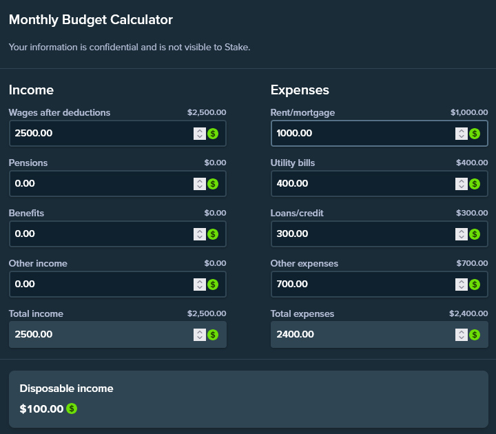 Stake provides a budget calculator that helps you to set your monthly budget for gambling.
