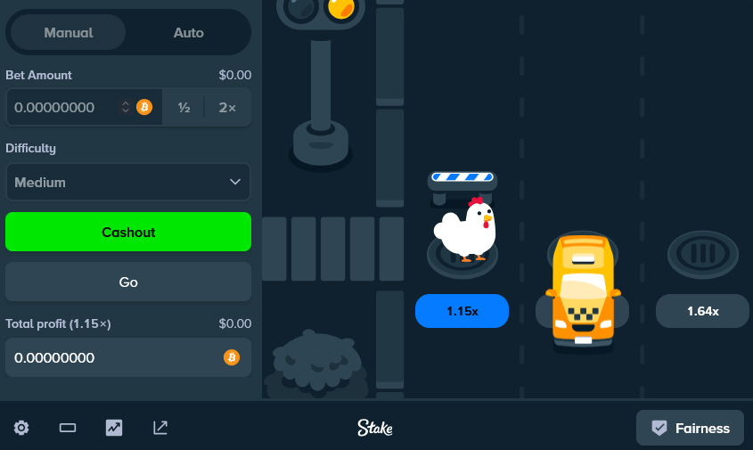 The basic setup of Stake Chicken has game controls to the left, and the main action to the right.