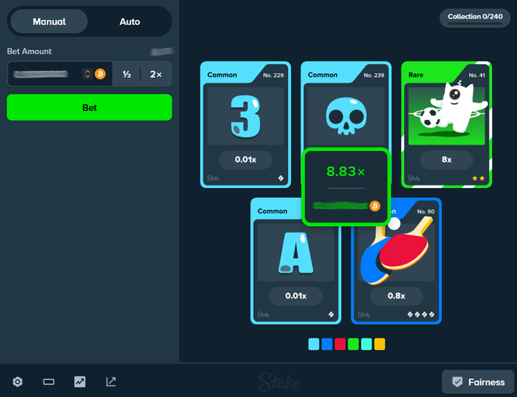 To the left you can see your betting fields, while the main screen displays the cards in your pack and their multipliers.