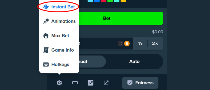 The 'Instant Bet' link is found under the controls cog icon, in the bottom left corner of the game screen.