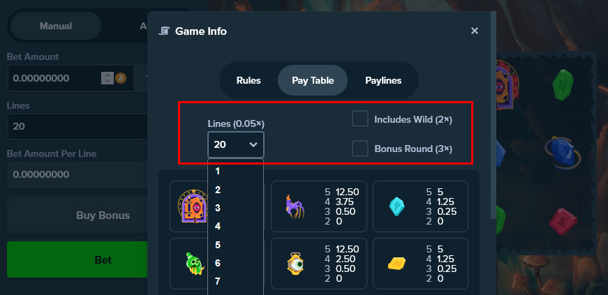 Filter the game's paytable according to various parameters for a full picture of the prize sum on the table.